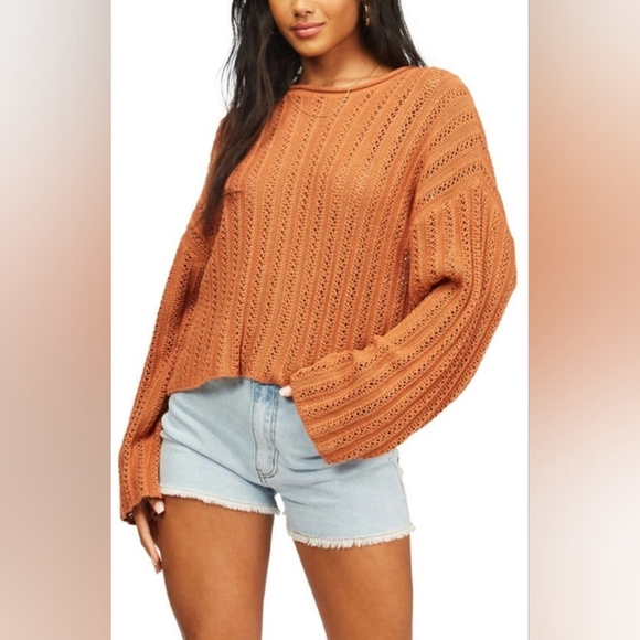 BillaBong Orange Brown Open Knit Beachy Boho Good Luck Sweater Size Medium - Picture 1 of 7